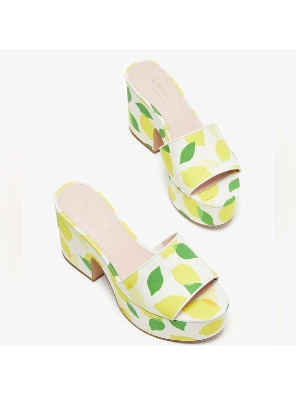 NIB Kate Spade Ibiza Printed Canvas Platform Sandals in Lemon Toss / Parchment